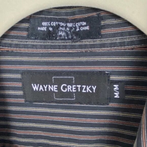 Wayne Gretzky Mens Striped Long Sleeve Dress Shirt Black Cotton Collared Top M - Picture 3 of 5